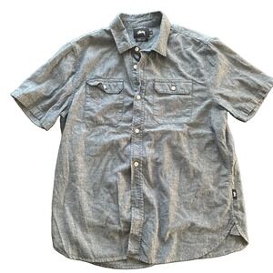 Stussy Shirt Mens S Blue Denim Chambray Dip Dye Ombre Short Sleeve Button Down